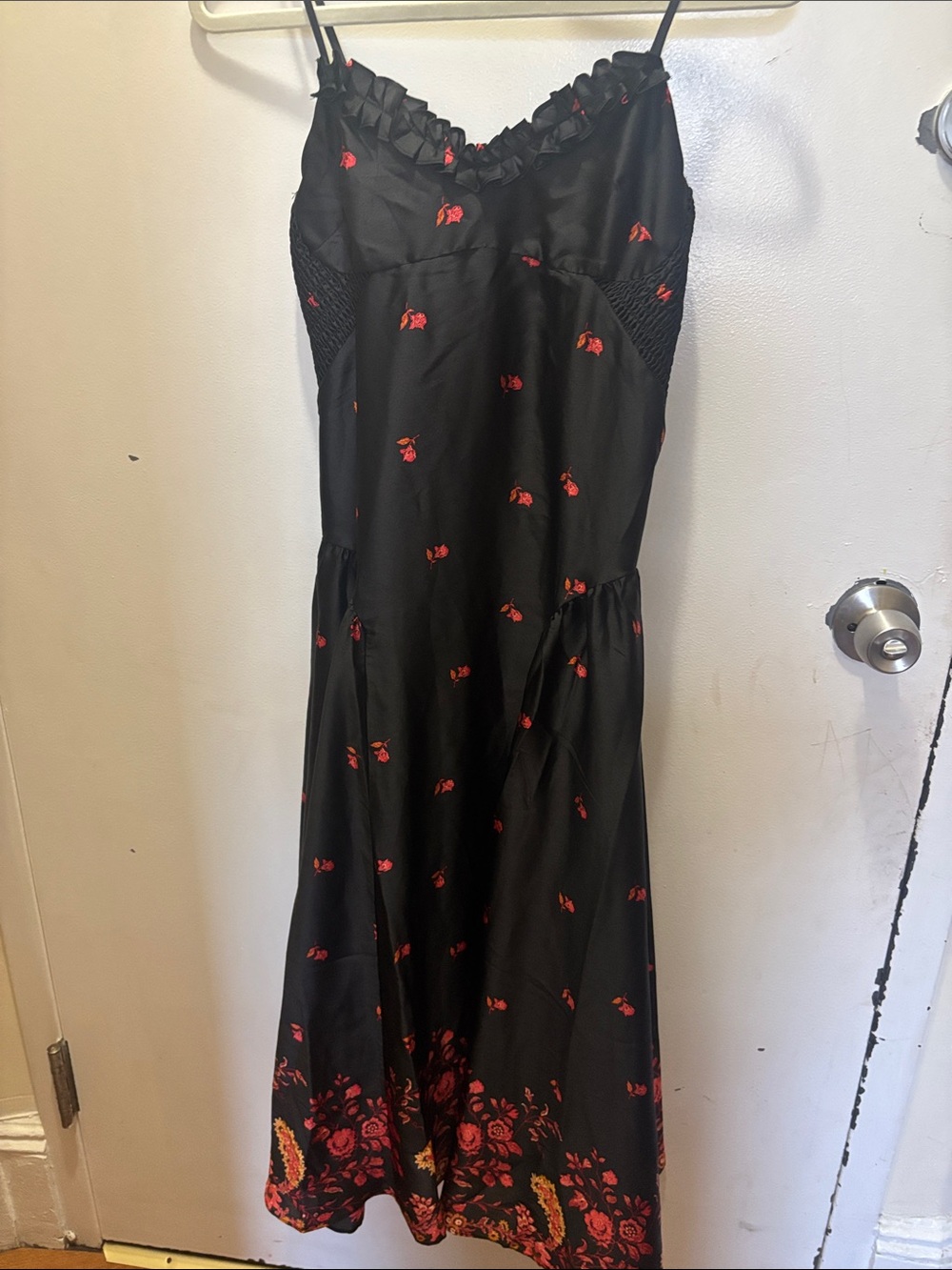 Free People Black Midi Dress with Red Floral Print